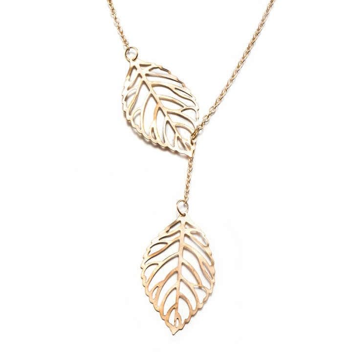RF REDFOXX Elegant Double Leaf Pendant Necklace, Gold-Toned Chain, Fashion Jewellery for Women