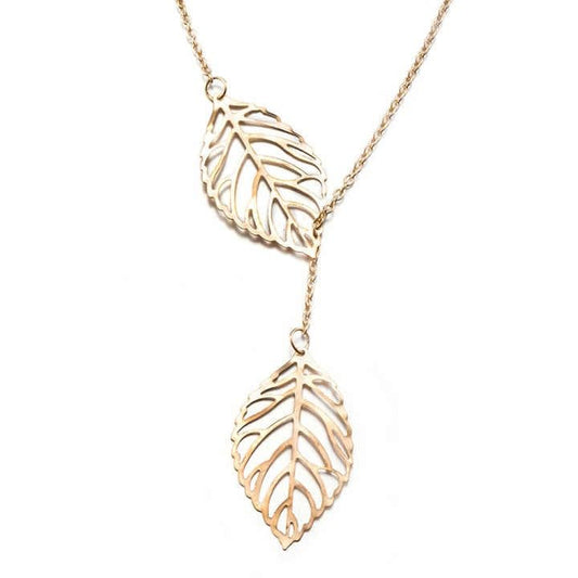 RF REDFOXX Elegant Double Leaf Pendant Necklace, Gold-Toned Chain, Fashion Jewellery for Women