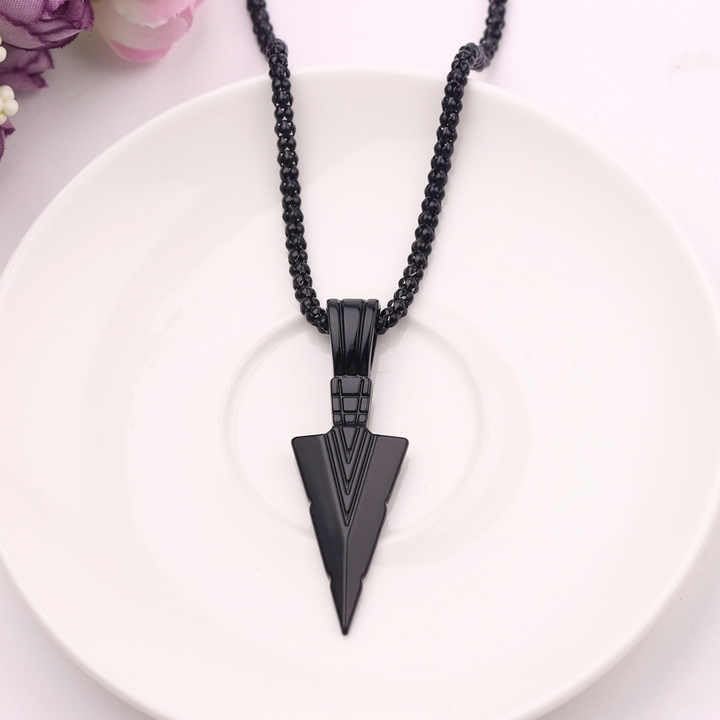 RF REDFOXX Men's Arrow Pendant Necklace, Black Stainless Steel Chain, Triangle Design, Hip-Hop Style