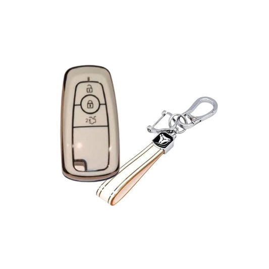 Stylish and Durable Soft TPU Leather Pattern Key Cover for Ford Ecosport, Aspire, Freestyle, and Endeavour Push Button Start Keys: White with Keychain.