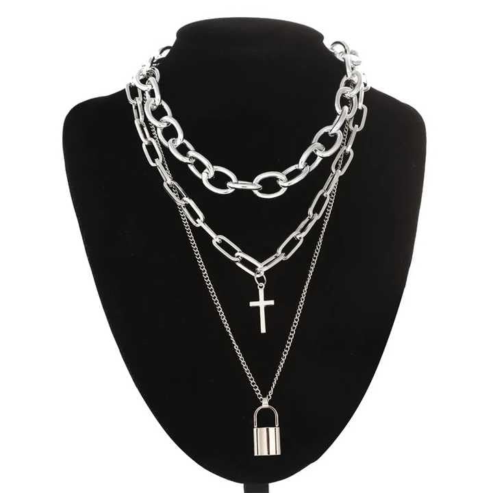RF REDFOXX 3-Layer Silver Chain Necklace Set – Gothic Punk Style with Cross & Lock Pendants – Unisex Statement Jewelry