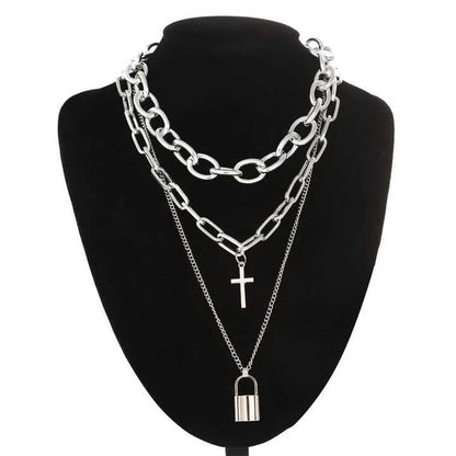 RF REDFOXX 3-Layer Silver Chain Necklace Set – Gothic Punk Style with Cross & Lock Pendants – Unisex Statement Jewelry