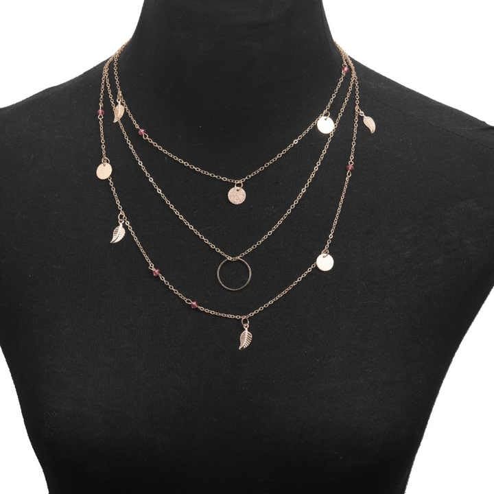 Layered Chain Necklace with Pink Beads, Gold-Tone Circle and Leaf Charms, 3-Strand Design