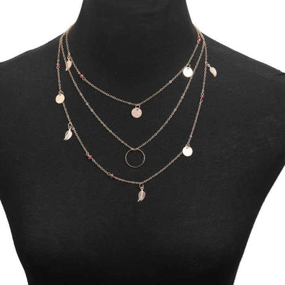 Layered Chain Necklace with Pink Beads, Gold-Tone Circle and Leaf Charms, 3-Strand Design