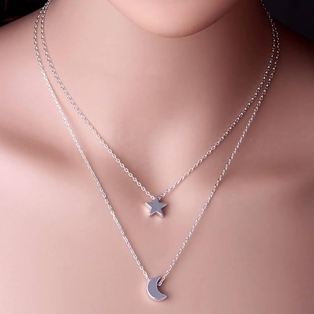 RF REDFOXX Double-Layered Necklace with Star & Moon Pendant – Elegant Celestial Jewellery for Women & Girls | Trendy, Lightweight Design