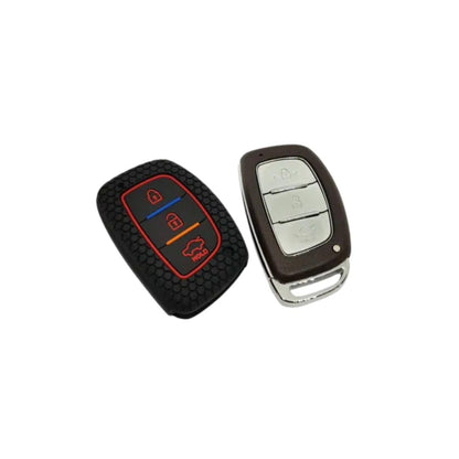 Silicone Key Cover for Elite I20, ActiveI20, Aura, Verrna 4s, Xceent, Tucson, Elantra 3 Button Smart Key (Push Button Start Models only) (Black with KC Mini Black Keyring).