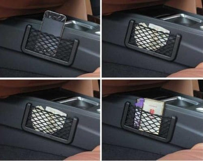 Car Storage Net Organizer with Phone Stand, Elastic Mesh Pocket for Seat Side and Back, Multi-Purpose Interior Holder, Black, Pack of 1