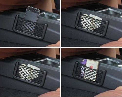Car Storage Net Organizer with Phone Stand, Elastic Mesh Pocket for Seat Side and Back, Multi-Purpose Interior Holder, Black, Pack of 1