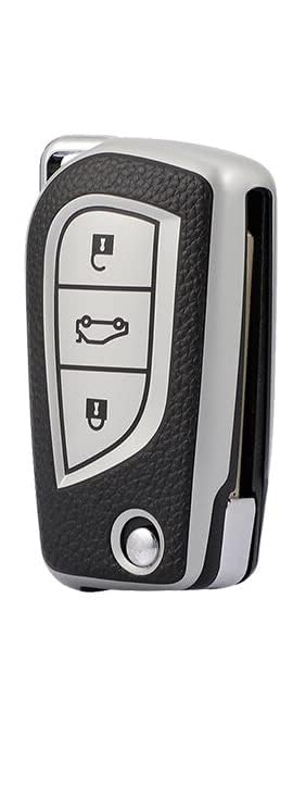 Premium Soft TPU Leather Pattern Key Cover Compatible with Toyota Innova Crysta and Corolla Altis Flip Key (Silver)