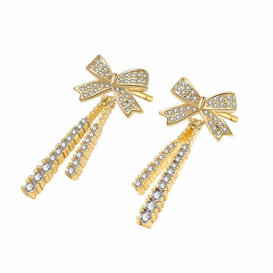 Crystal Bow Drop Earrings, Filled, Zircon Stone Embellished, Women's Fashion Jewellery
