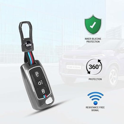 Premium Metal Key Cover Compatible with Tata Tiago, Nexon, Altroz, Safari, Storme, Zest, Bolt, Tigor, Punch & Hexa, 3 Button Flip Key Case, Black, Pack of 1