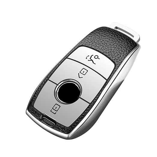 Key Cover, TPU Leather Pattern Key Cover, 3 Buttons Key, Compatible with Benz E Series Smart Key, Silver