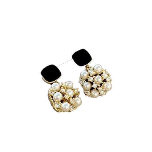 Pearl Drop Earrings, Black Square Stud, Gold-Plated Crystal Hypoallergenic Jewellery for Women