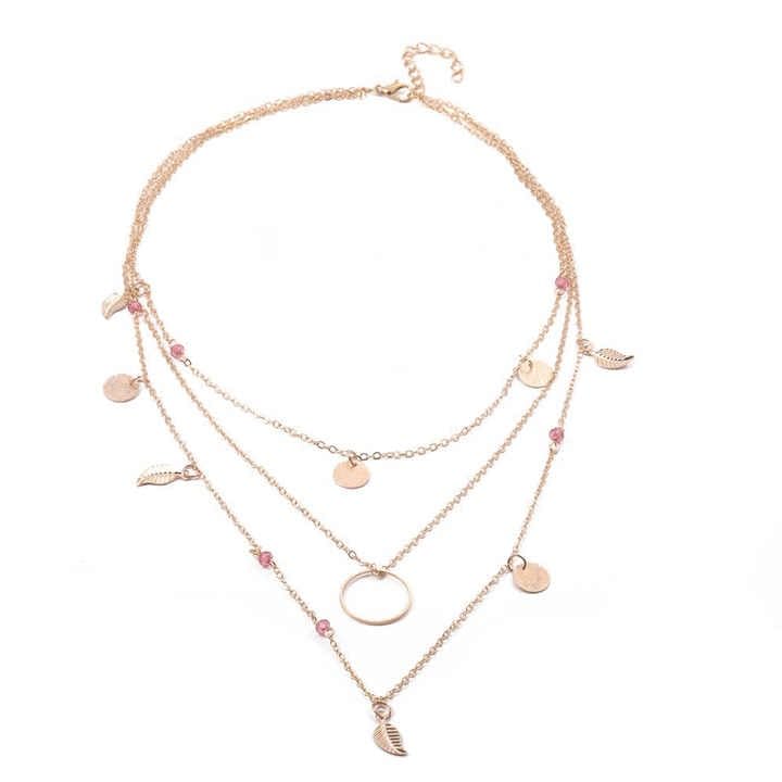 Layered Chain Necklace with Pink Beads, Gold-Tone Circle and Leaf Charms, 3-Strand Design