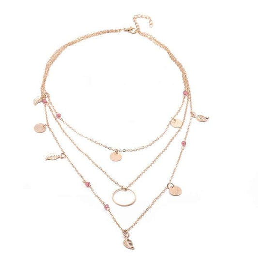 Layered Chain Necklace with Pink Beads, Gold-Tone Circle and Leaf Charms, 3-Strand Design