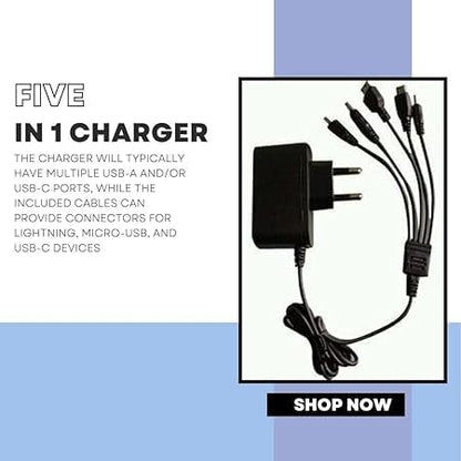 RF REDFOXX Universal 5-in-1 Multi Device Charger Cable with USB, AC Power Adapter, Black