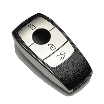 Key Cover, TPU Leather Pattern Key Cover, 3 Buttons Key, Compatible with Benz E Series Smart Key, Silver