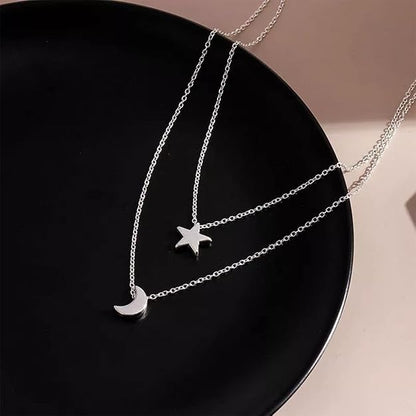 RF REDFOXX Double-Layered Necklace with Star & Moon Pendant – Elegant Celestial Jewellery for Women & Girls | Trendy, Lightweight Design
