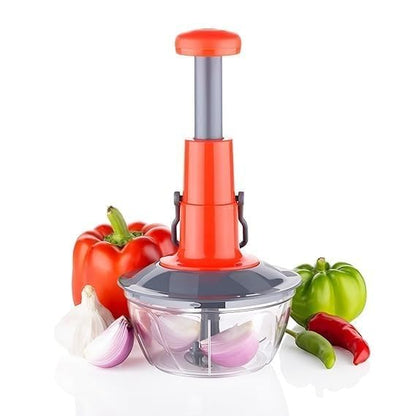 Hand Press Push Chopper for Vegetables & Fruits – 650ml Capacity, 3 Sharp Stainless Steel Blades, No Electricity Needed, Anti-Skid Base, Compact & Easy to Use – Color: Red