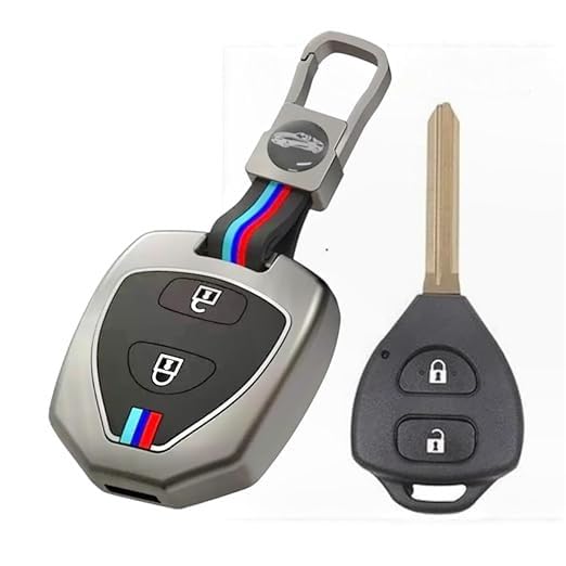 Premium Metal Car Key Case Cover Compatible with Toyota Old Innova, Fortuner, Corolla & Camry | 2 Button Smart Key Cover | Full Metal Protection with Low-Light Visibility Feature | Black (Pack of 1)