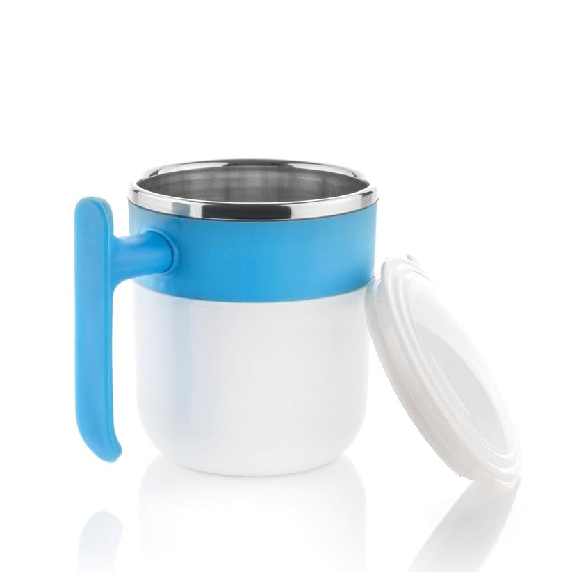 RF REDFOXX Stainless Steel Insulated Travel Mug, 300ml, Double Wall Design with Lid and Handle, White and Blue