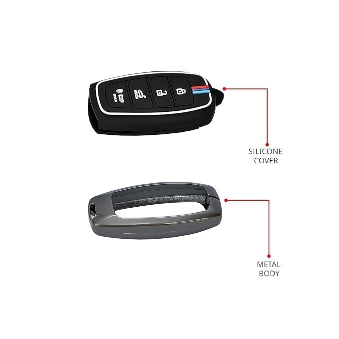 Metal Shell & Soft Silicone Full Protection Key Cover Compatible with Hyundai Verna 2019–2023 | New Verna 2022–2023 4 Button Smart Key Case | Low-Light Visibility Feature | Multi-Colour (Pack of 1)