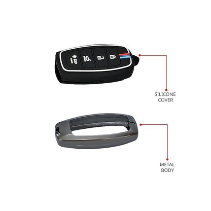 Metal Shell & Soft Silicone Full Protection Key Cover Compatible with Hyundai Verna 2019–2023 | New Verna 2022–2023 4 Button Smart Key Case | Low-Light Visibility Feature | Multi-Colour (Pack of 1)