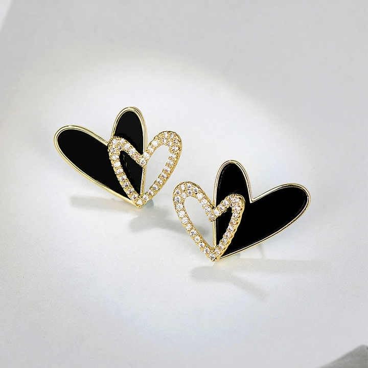 Double Heart Stud Earrings, Black Enamel with Crystal Accents, Gold-Toned