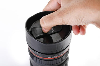 Camera Lens Coffee Mug 400ml | Stainless Steel Insulated Travel Mug Flask with Lid | Leakproof Thermos Cup for Coffee & Tea | DSLR Lens Design Gift for Men & Women (Black)
