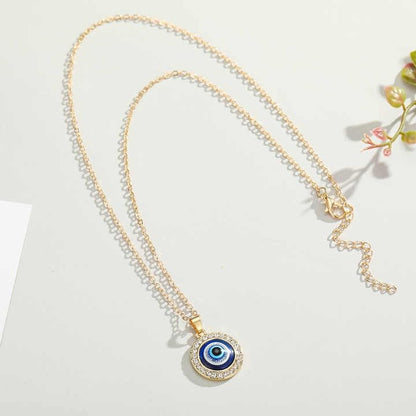 Evil Eye Pendant Necklace, Crystal Rhinestone Round Charm, Gold-Plated Chain, Blue