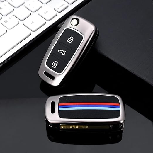 Metal Silicone Key Cover Compatible with Hyundai i10 & i20 (Old Model) | 3 Button Flip Key Case | Full Metal Protection with Low-Light Visibility Feature | Black (Pack of 1)
