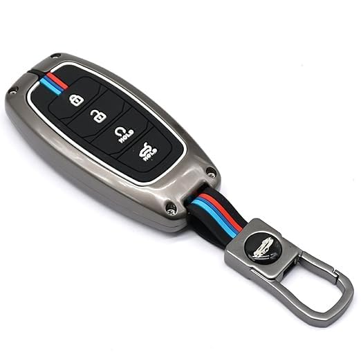 Metal Shell & Soft Silicone Full Protection Key Cover Compatible with Hyundai Verna 2019–2023 | New Verna 2022–2023 4 Button Smart Key Case | Low-Light Visibility Feature | Multi-Colour (Pack of 1)