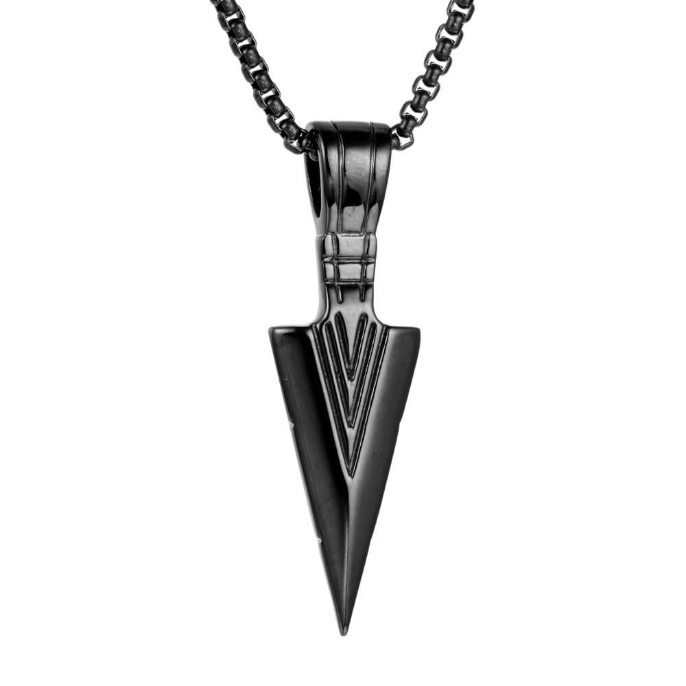 RF REDFOXX Men's Arrow Pendant Necklace, Black Stainless Steel Chain, Triangle Design, Hip-Hop Style