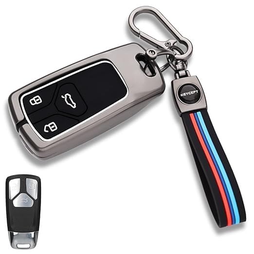 Metal Car Key Cover Compatible with Audi Q5, A5, A8, Q7, A4, A6, 3 Button Smart Key Case, Premium Key Protector, Black, Pack of 1