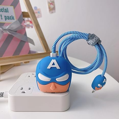 RF REDFOXX Silicone Protective Case for Apple 20W & 18W iPhone USB-C Power Adapter Charger and for USB Lightning Cable, 3D Case for iPhone Charger - 18W/20W (Captain America Blue)