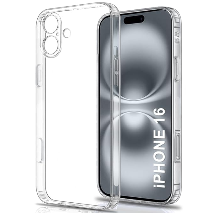 RF REDFOXX Clear Protective Case for iPhone 16, Ultra Slim Transparent Cover with Camera Protection, Soft Silicone with Dust Plugs