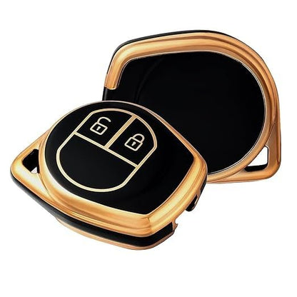 TPU Car Key Cover for Maruti Suzuki 2-Button Smart Key – Compatible with Swift, Baleno, Alto, Dzire, Ertiga, Wagon R, Brezza & More – Protective Key Case (Black/Golden)