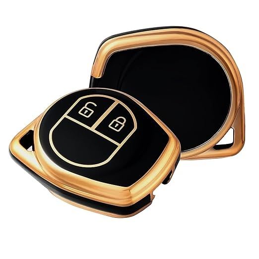 TPU Car Key Cover for Maruti Suzuki 2-Button Smart Key – Compatible with Swift, Baleno, Alto, Dzire, Ertiga, Wagon R, Brezza & More – Protective Key Case (Black/Golden)