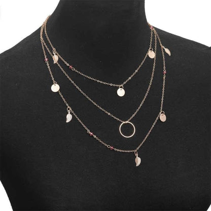 Layered Chain Necklace with Pink Beads, Gold-Tone Circle and Leaf Charms, 3-Strand Design