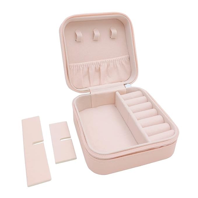 RF REDFOXX Leather Mini Jewelry Travel Case Small Portable Jewelry Organizer Box for Rings, Earrings & Necklaces Compact Travel Storage Organizer with Secure Closure (Pink)