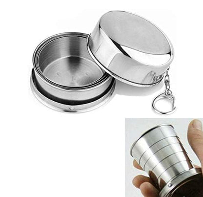 RF REDFOXX Folding Stainless Steel Water Glass for Picnic Outdoor/Indoor, Water Tumbler Cup with Keychain for Lassi Lemonade Juice Milk Cold Drinks Beverage Drinking Tumbler (75ml)