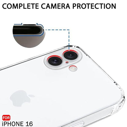 RF REDFOXX Clear Protective Case for iPhone 16, Ultra Slim Transparent Cover with Camera Protection, Soft Silicone with Dust Plugs
