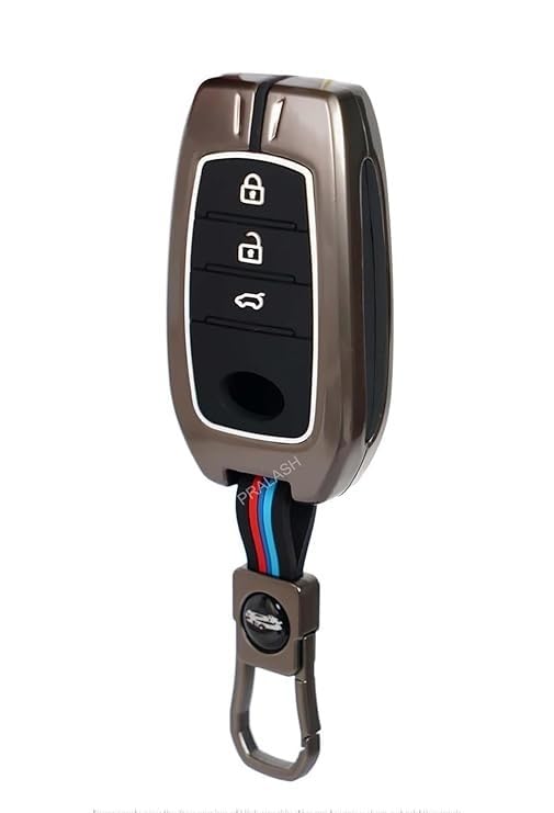 Metal Silicone Key Cover Compatible with Toyota Innova Crysta, HyCross, Hilux & Invicto | 2 Button Smart Key Case | Full Protection Metal Cover with Low-Light Visibility Feature | Black (Pack of 1)