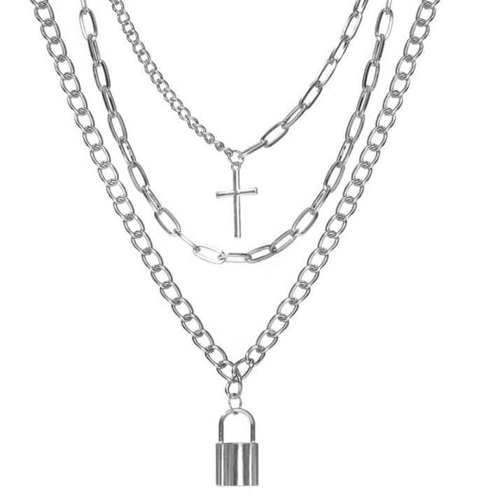 RF REDFOXX 3-Layer Silver Chain Necklace Set – Gothic Punk Style with Cross & Lock Pendants – Unisex Statement Jewelry