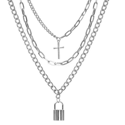 RF REDFOXX 3-Layer Silver Chain Necklace Set – Gothic Punk Style with Cross & Lock Pendants – Unisex Statement Jewelry