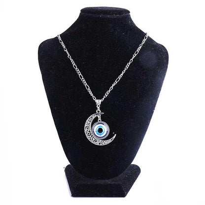 Evil Eye Moon Pendant Necklace, Silver Alloy Chain, Blue Crystal Charm