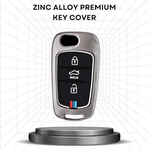Metal Silicone Key Cover Compatible with Hyundai i10 & i20 (Old Model) | 3 Button Flip Key Case | Full Metal Protection with Low-Light Visibility Feature | Black (Pack of 1)