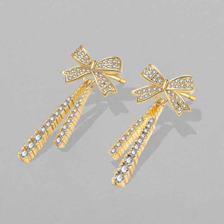 Crystal Bow Drop Earrings, Filled, Zircon Stone Embellished, Women's Fashion Jewellery