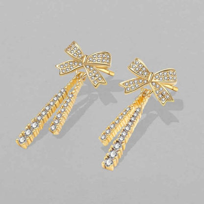 Crystal Bow Drop Earrings, Filled, Zircon Stone Embellished, Women's Fashion Jewellery