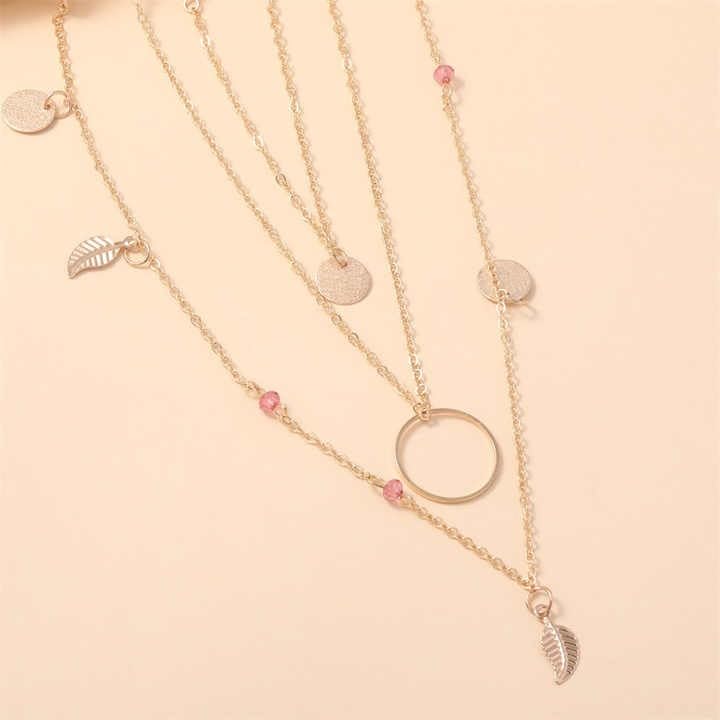 Layered Chain Necklace with Pink Beads, Gold-Tone Circle and Leaf Charms, 3-Strand Design